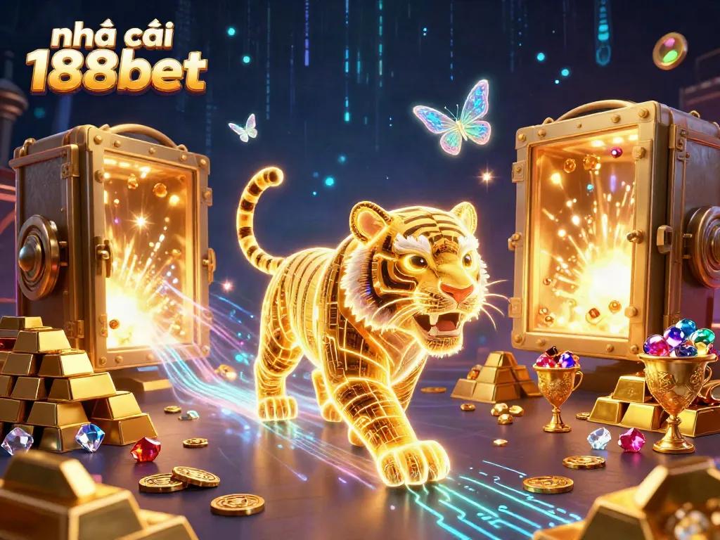 Experience the vibrant world of nhà cái 188bet with a neon-wireframe tiger in a dazzling casino landscape.