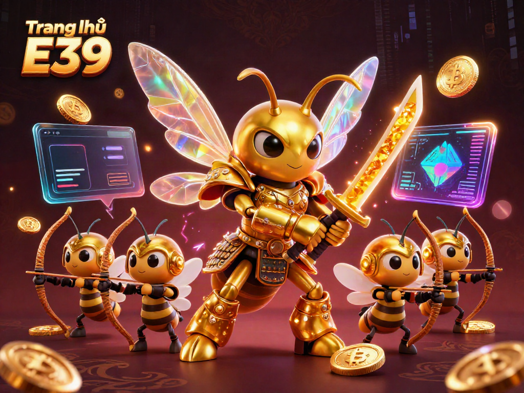 Engage with the captivating Trang chủ E39, showcasing a dynamic illustration of a golden hornet samurai amidst glowing cryptocurrency symbols.