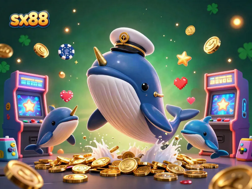 Experience the thrill of sx88 with a whale and dolphins playing amidst colorful casino games.
