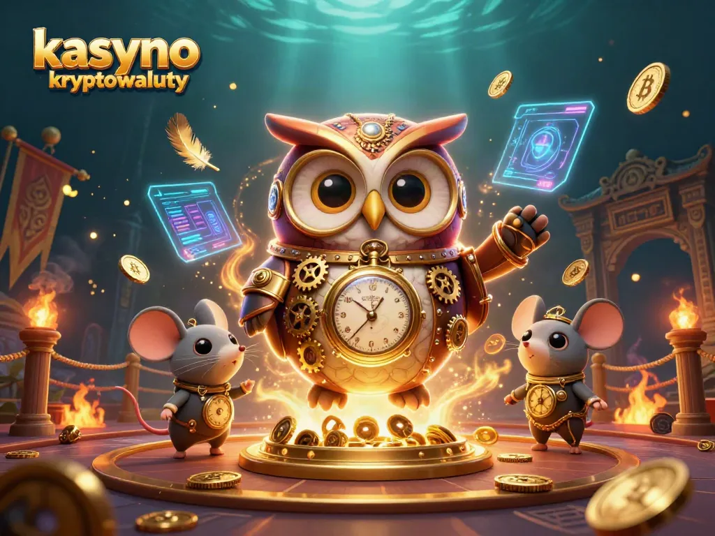 Engage in kasyno kryptowaluty action with a vibrant 3D scene featuring steampunk characters and coins.
