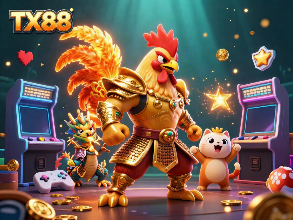 Experience the adventure of TX88 as a fighting rooster and dragon hatchling unite in a vibrant casino-themed illustration.