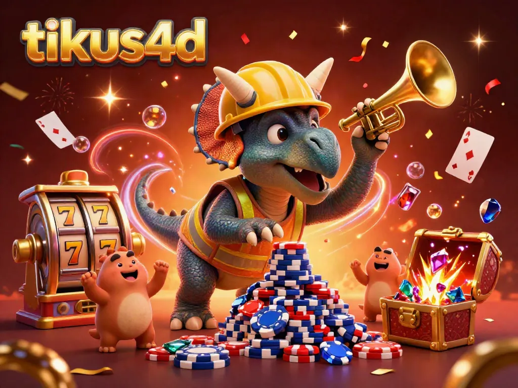 Tikus4D brings excitement with a dynamic 3D scene of a triceratops at the casino, building poker chip pyramids.