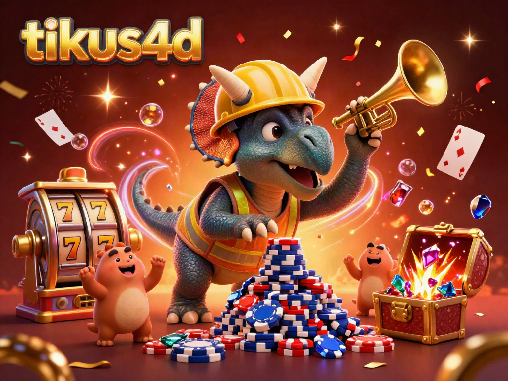 Tikus4D brings excitement with a dynamic 3D scene of a triceratops at the casino, building poker chip pyramids.