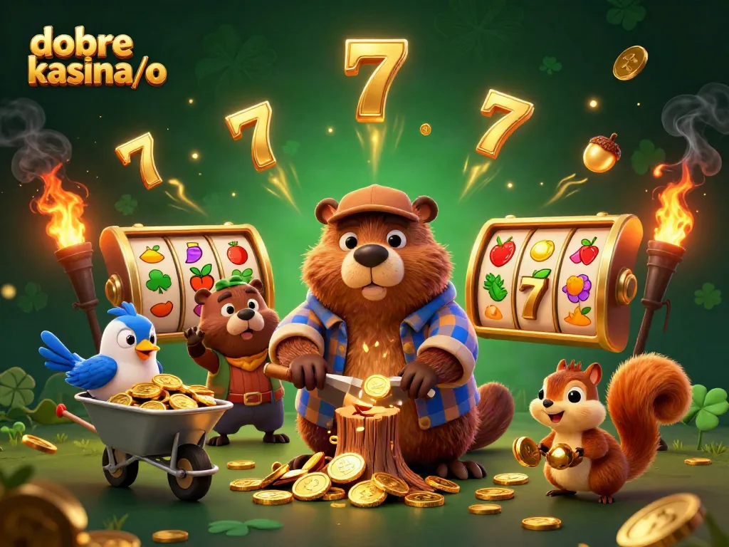 Explore vibrant scenes of dobre kasyna/o with a cartoon beaver, coins, and slot elements.