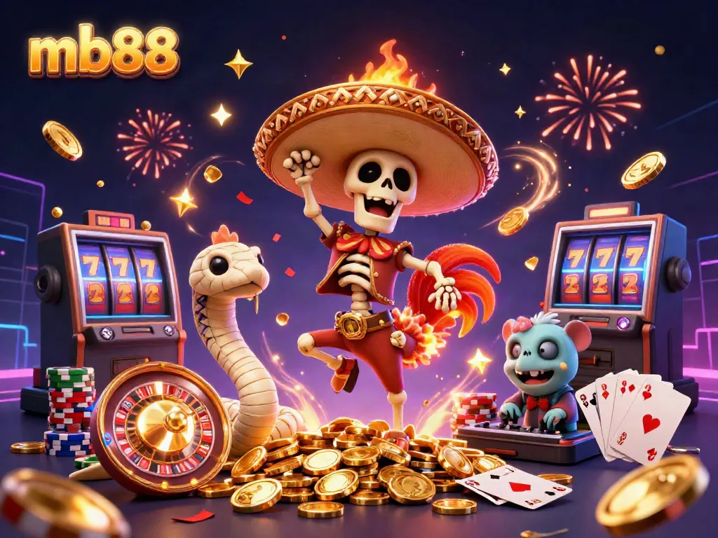Engage with mb88's vibrant casino world featuring fun characters surrounded by golden coins and spinning roulette.