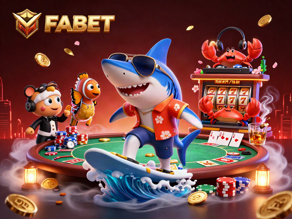 Experience FABET adventures with a shark surfing on gold coins and vibrant casino elements