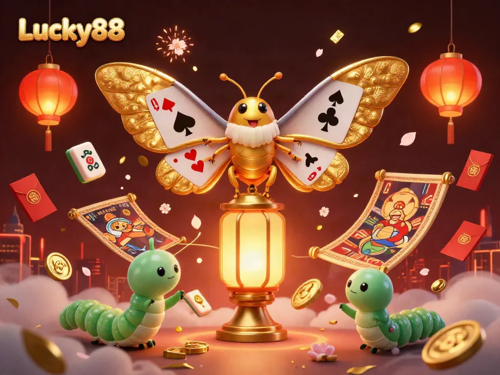Experience the thrill of Lucky88 with a vibrant 3D casino scene featuring golden moths and festive elements.