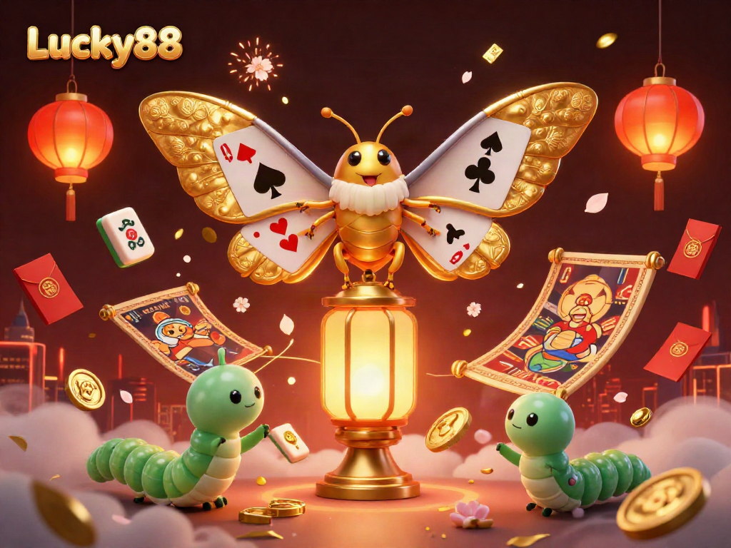 Experience the thrill of Lucky88 with a vibrant 3D casino scene featuring golden moths and festive elements.