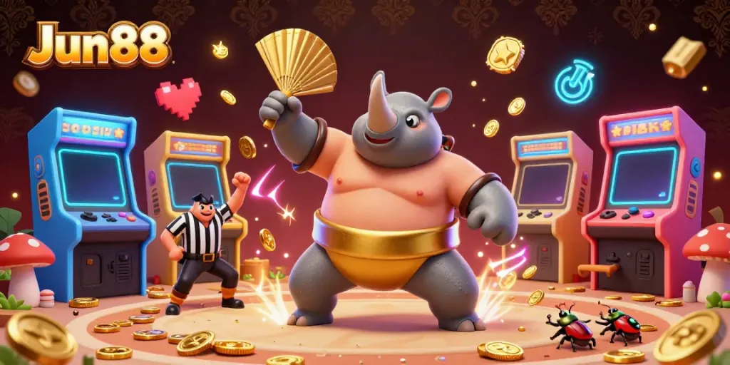 Experience vibrant gaming action with Jun88 as a cartoon rhinoceros beetle sumo champion sends coins flying in an exciting casino environment.