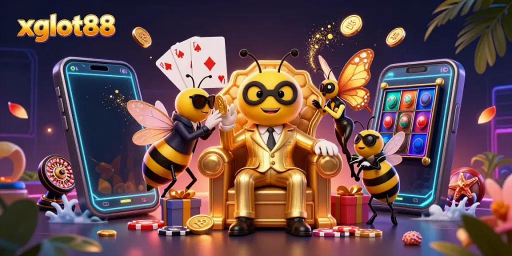 Xgslot88 menghadirkan ilustrasi kasino 3D yang dinamis dengan karakter menarik dan elemen permainan yang berkilau.