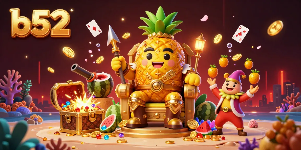Engage with the vibrant world of b52 featuring a golden pineapple king surrounded by casino treasures.