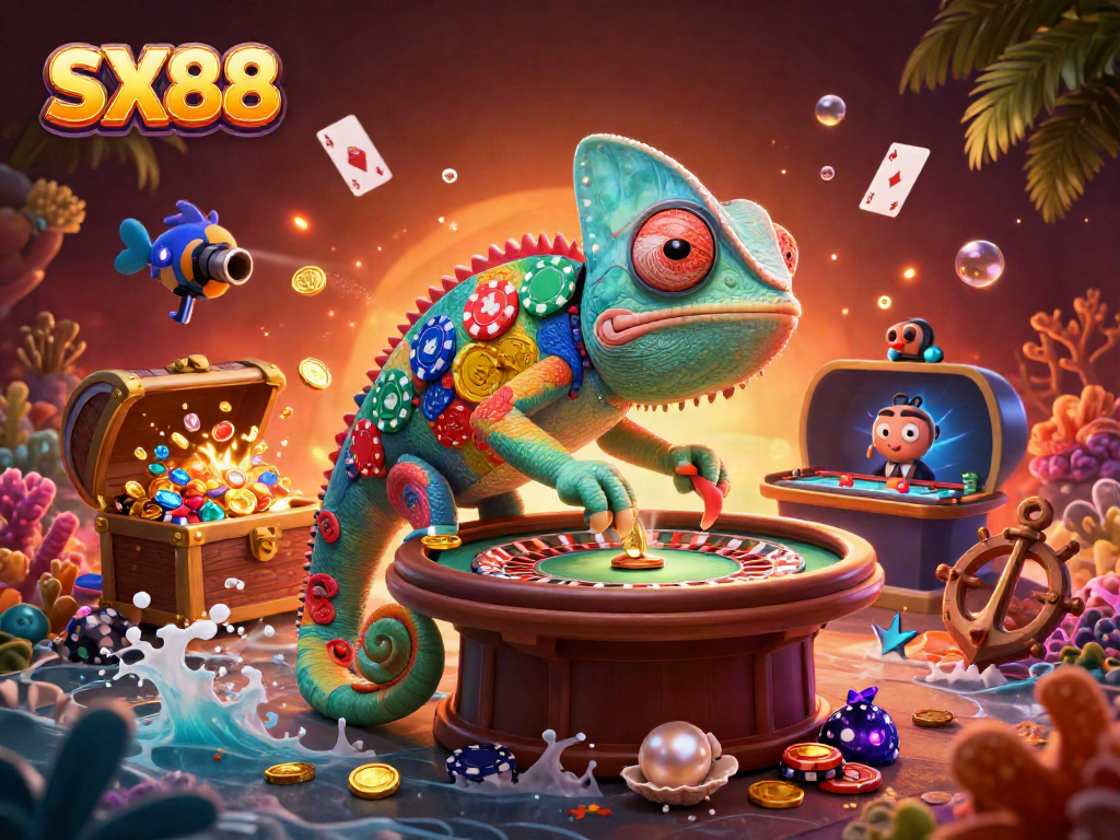 SX88 casino illustration with a vibrant chameleon owner engaging in thrilling game elements.