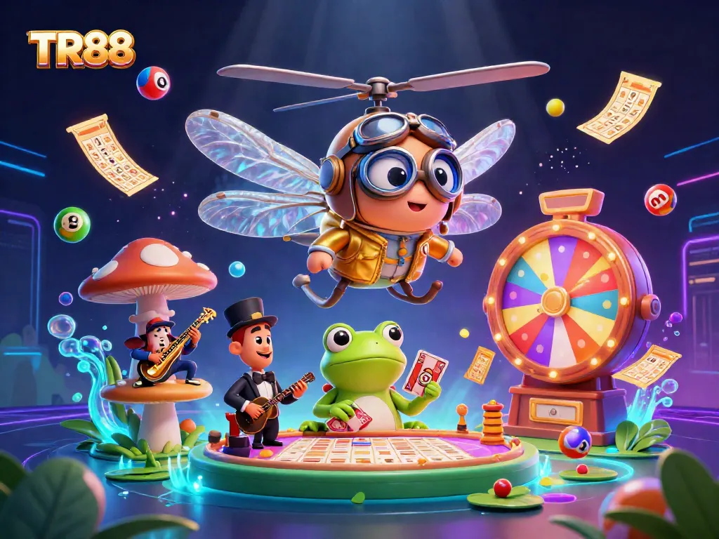 Experience thrilling gaming at TR88 with a vibrant lily pad casino scene illustrated.