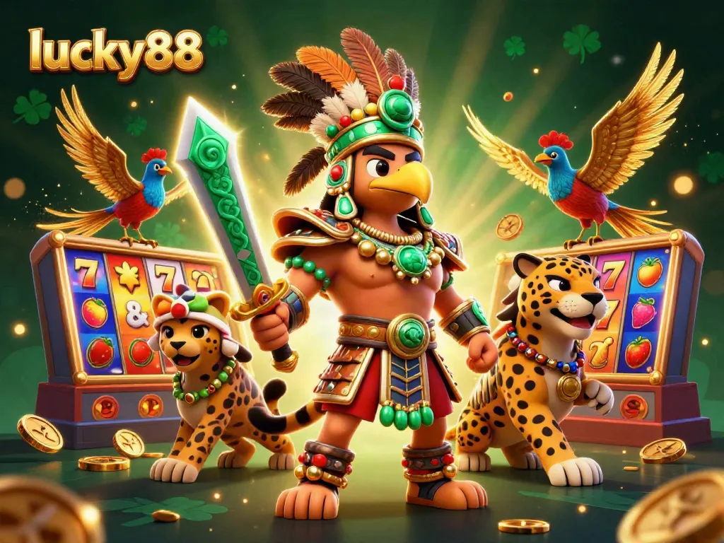 Experience the excitement of lucky88 in a vibrant casino-themed 3D illustration with colorful elements and action-packed scenes.