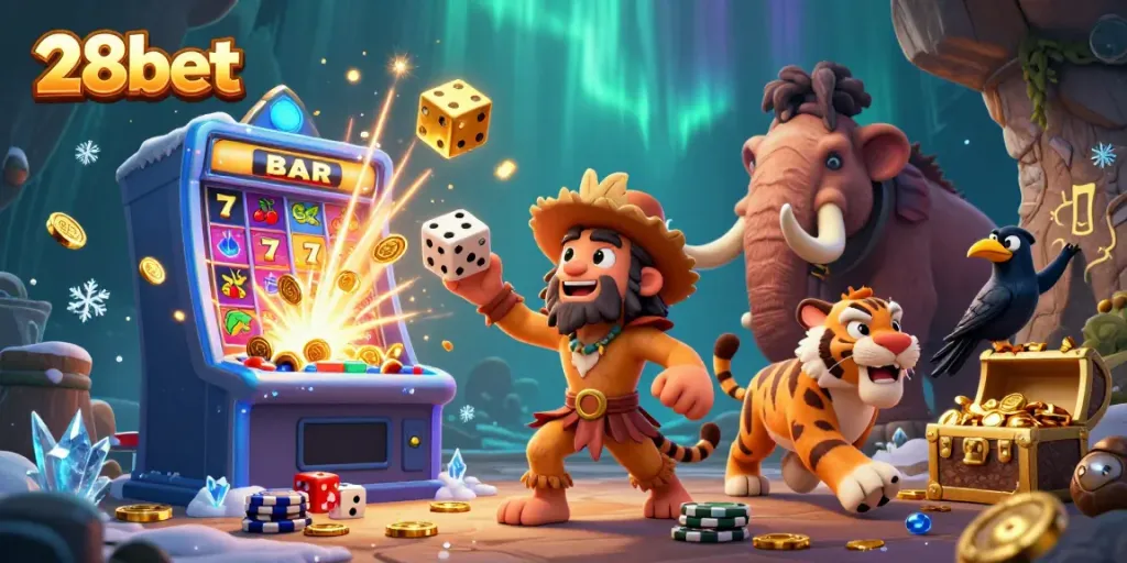 Experience excitement at 28bet with a dynamic illustration of a prehistoric casino scene.