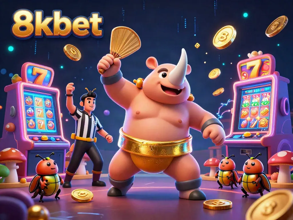 Experience the excitement of 8xbet with a vibrant casino scene featuring a beetle sumo champion.