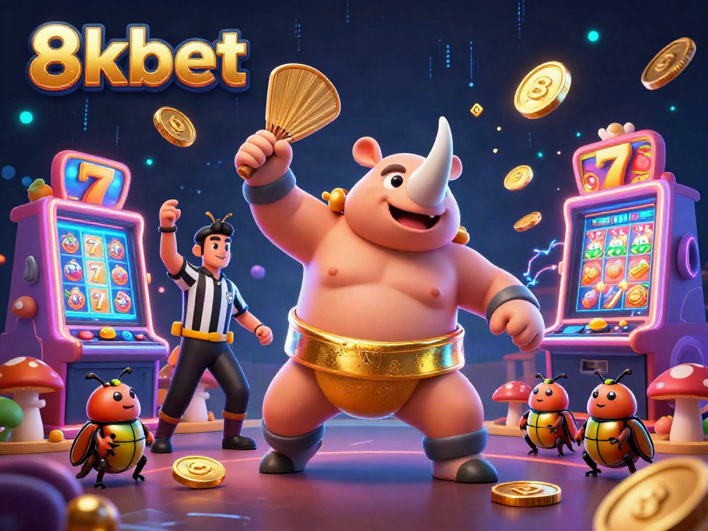 Experience the excitement of 8xbet with a vibrant casino scene featuring a beetle sumo champion.