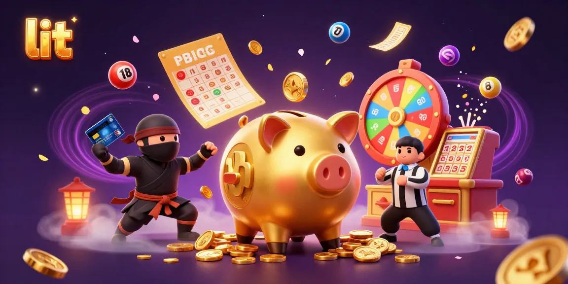 Engage in exciting lottery action with lit's vibrant characters including a golden piggy bank and dynamic game elements.