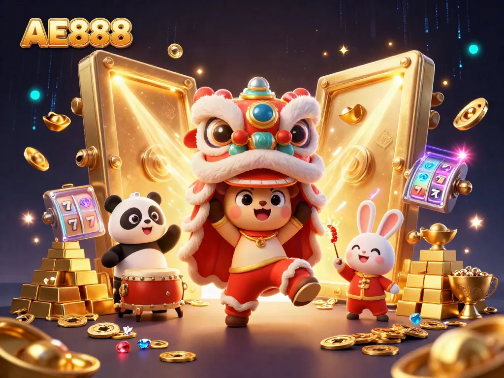 AE888 Casino's lively lion dance with gold treasures, slots, and festive decorations