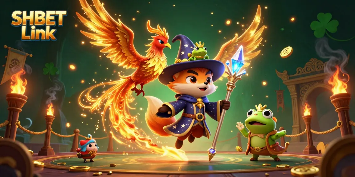 Experience the thrill of SHBET Link with an enchanted wizard, phoenix, and treasures in a vibrant casino scene.