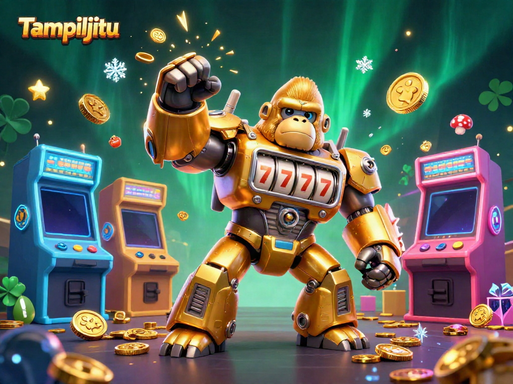 Experience the thrill of Tampiljitu's golden gorilla mech smashing through coins in this vibrant casino scene.