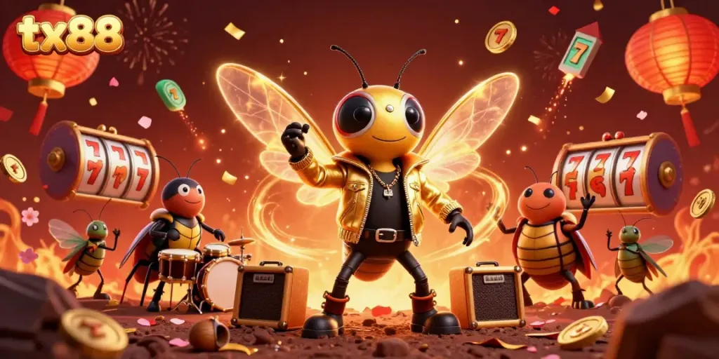 Experience the vibrant action at tx88 as animated characters celebrate around dynamic slot reels.