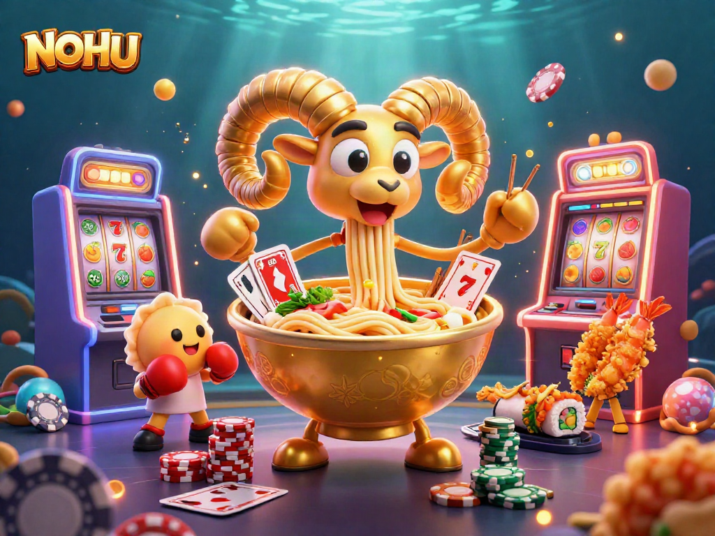 Engage with NOHU's vibrant scene featuring a golden ramen bowl dealing cards amidst casino games.