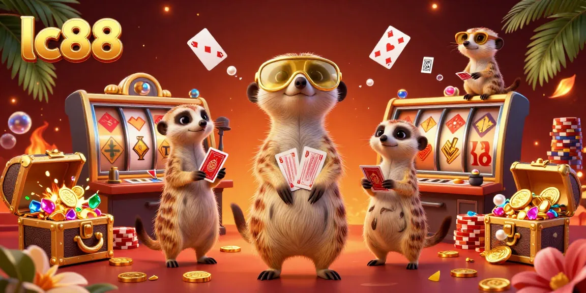 Meerkats running a lively casino operation at lc88, surrounded by slot reels and colorful gems.