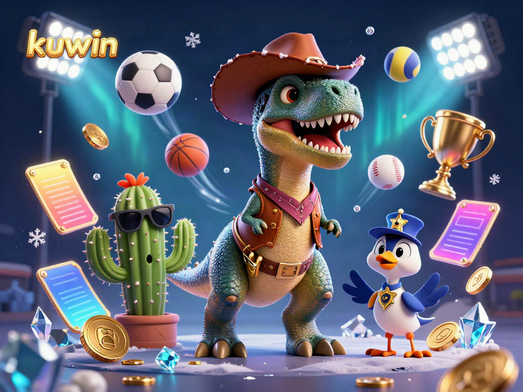 Experience the vibrant action of kuwin with a T-Rex cowboy and friends amidst dynamic sports elements!