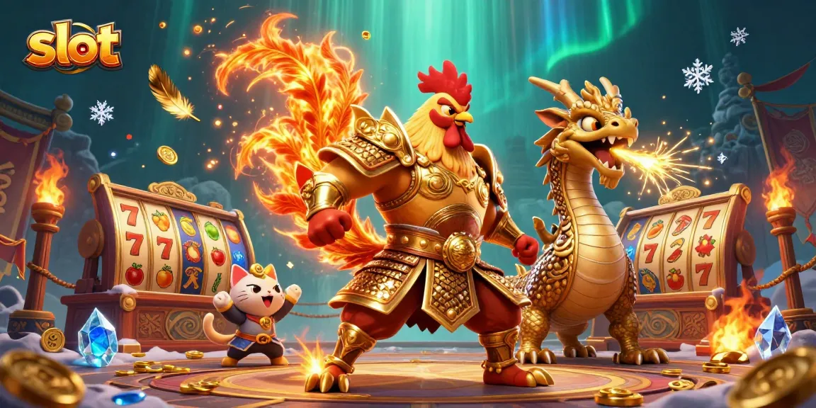 Engage with dynamic slot action featuring a fighting rooster, dragon hatchling, and a lucky cat hero.