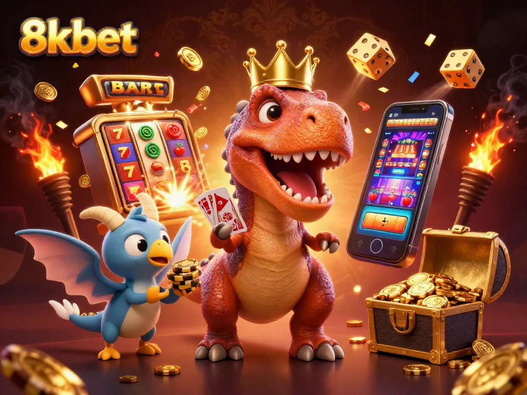 Experience the excitement at 8xbet with fun characters in a vibrant casino game scene.