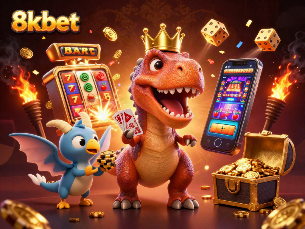 Experience the excitement at 8xbet with fun characters in a vibrant casino game scene.