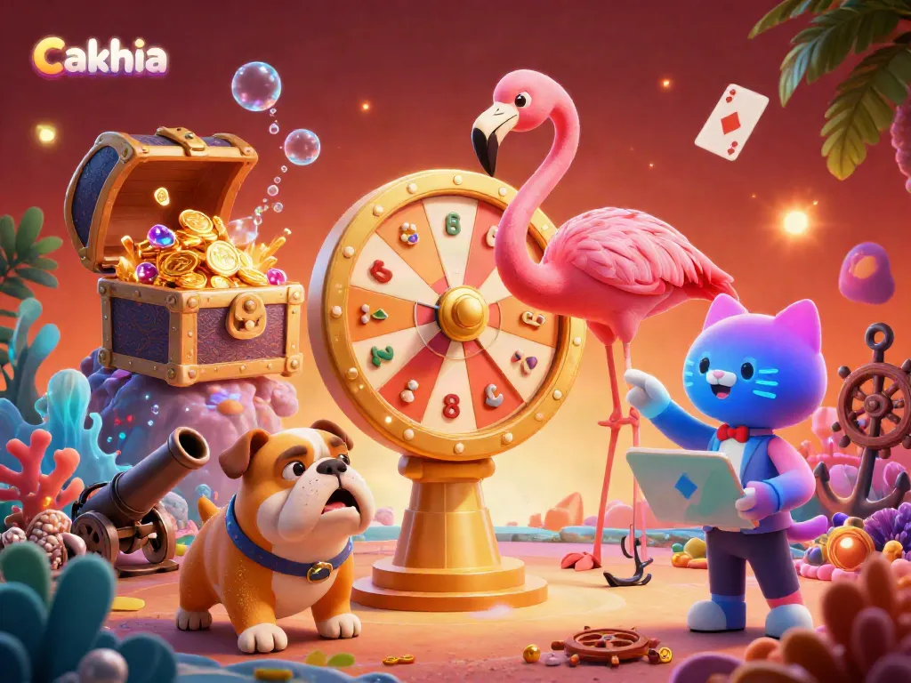 Engaging scene showcasing Cakhia featuring a flamingo game show host beside a bulldog contestant and a cat assistant with prizes.