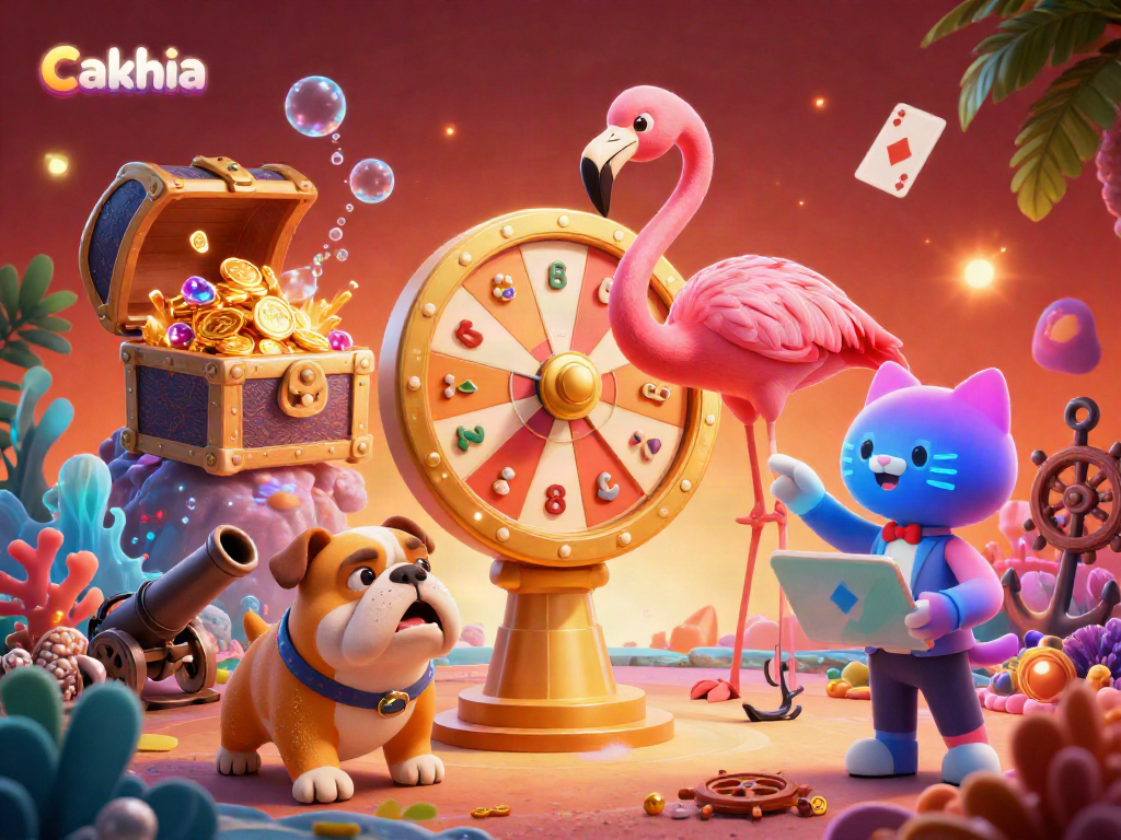 Engaging scene showcasing Cakhia featuring a flamingo game show host beside a bulldog contestant and a cat assistant with prizes.