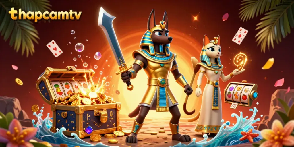 Experience the thrill of thapcamtv with Anubis and Bastet in a vibrant casino scene filled with fortune.
