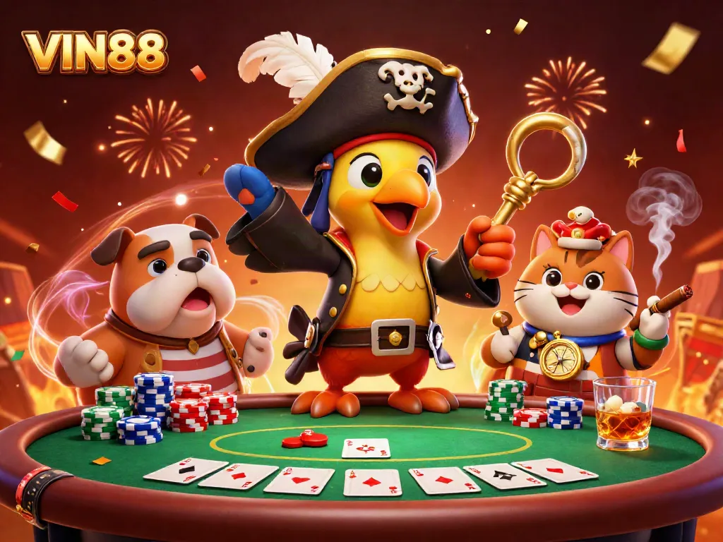 VIN88 brings to life a vibrant casino scene with a pirate captain, bulldog, and cat, sharing exhilarating poker moments.