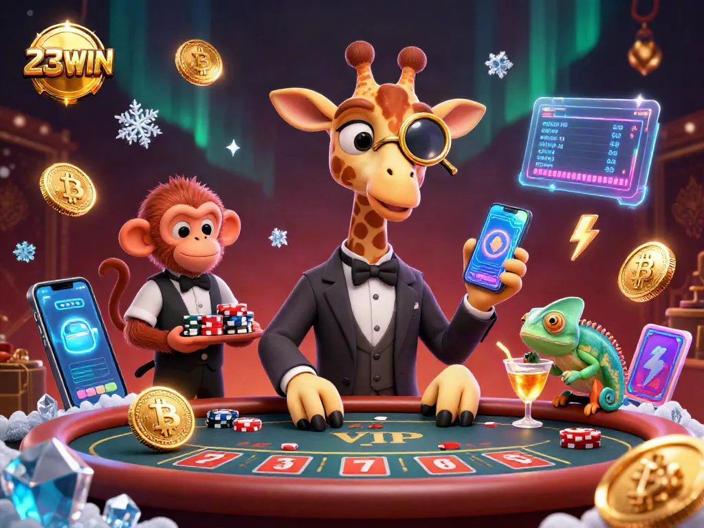 Experience the excitement at 23WIN with a high-stakes poker scene featuring a giraffe, monkey, and chameleon.