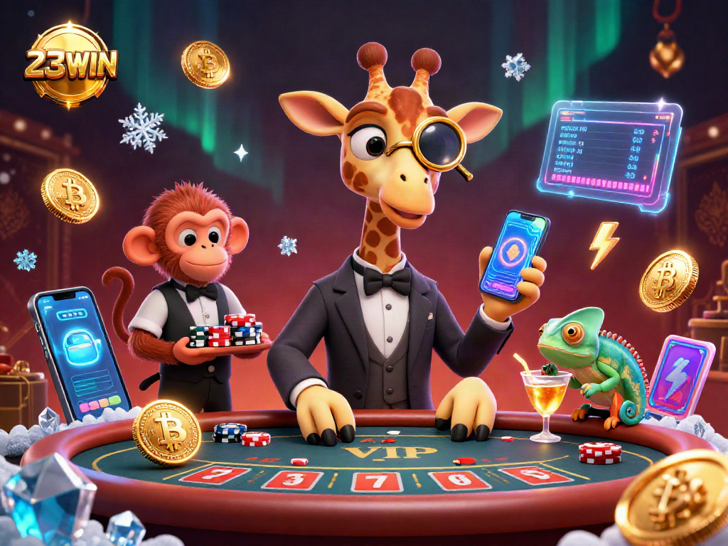 Experience the excitement at 23WIN with a high-stakes poker scene featuring a giraffe, monkey, and chameleon.