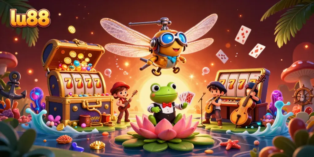 Experience lively gambling at lu88, featuring a vibrant casino scene with card dealing and treasure.