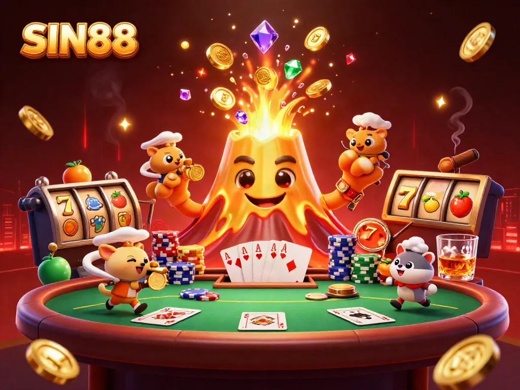 SIN88 volcano erupts coins and treasures amidst poker action, creating a vibrant casino scene.