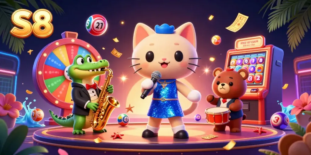 S8 casino scene with a singing cat, saxophone crocodile, and drum bear, surrounded by colorful lottery elements.