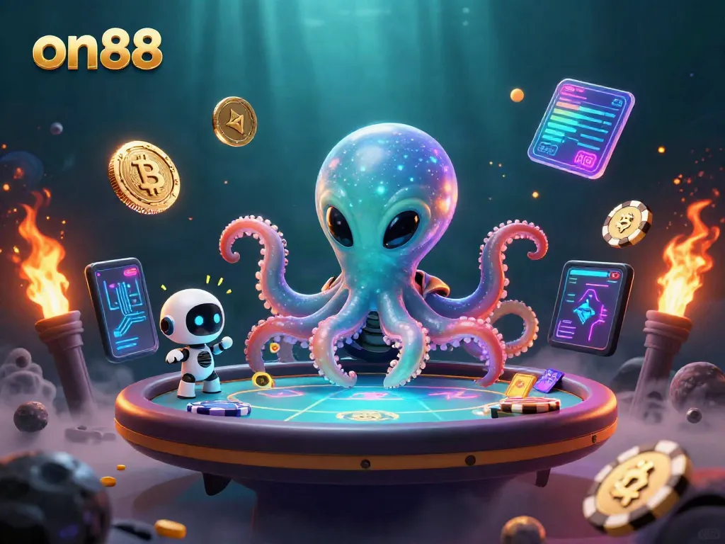 Experience high-stakes gaming at on88 with an alien dealer and floating poker table in a cosmic setting.