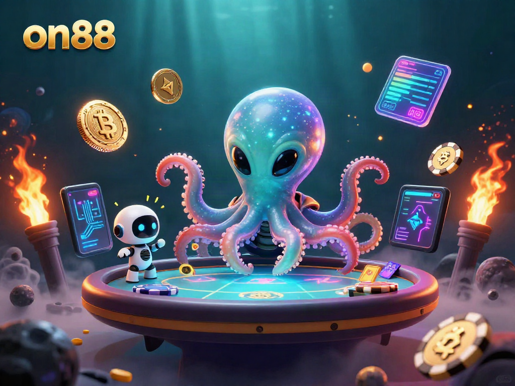 Experience high-stakes gaming at on88 with an alien dealer and floating poker table in a cosmic setting.