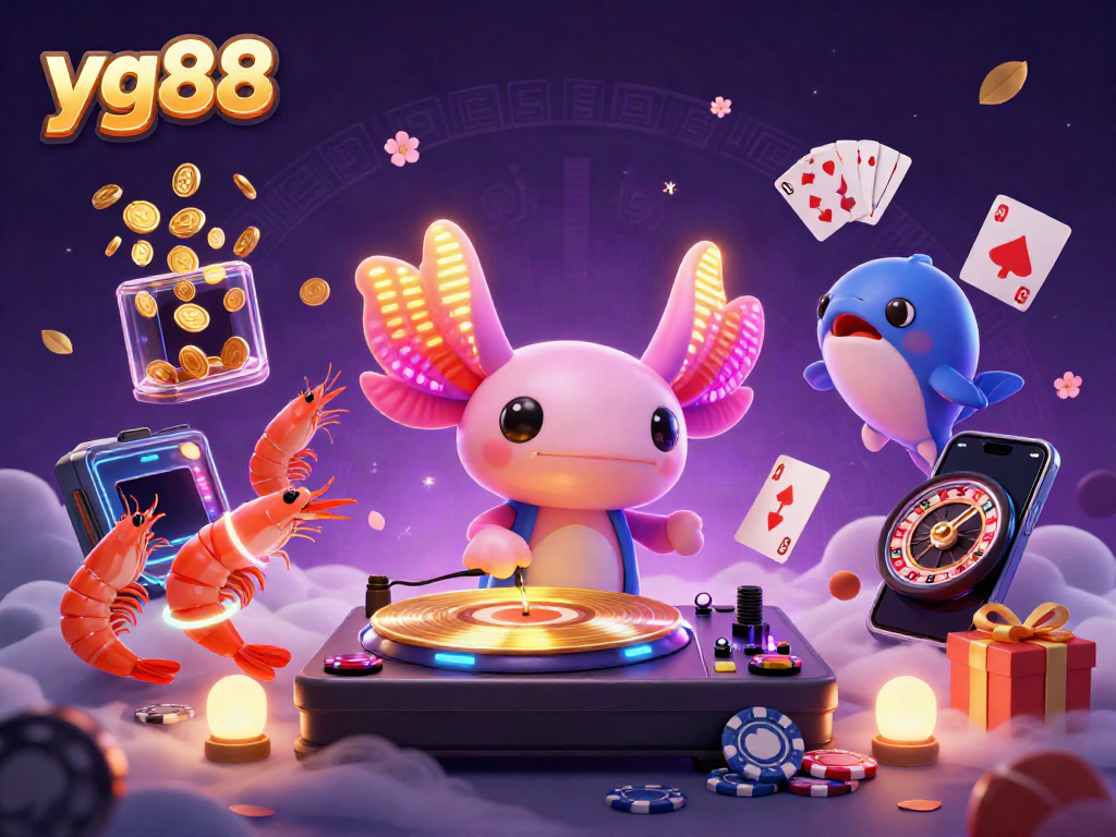Dive into the vibrant world of yg88 with a neon axolotl DJ spinning records while a shrimp crew dances, surrounded by casino-themed elements.