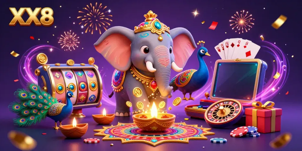 Engage in exciting gameplay with XX8's vibrant casino elements, featuring a colorful slot game and festive characters.