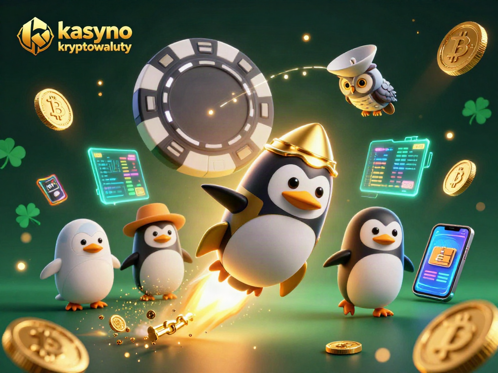 Join the excitement of kasyno kryptowaluty with a vibrant penguin exploring a casino universe, surrounded by crypto coins.