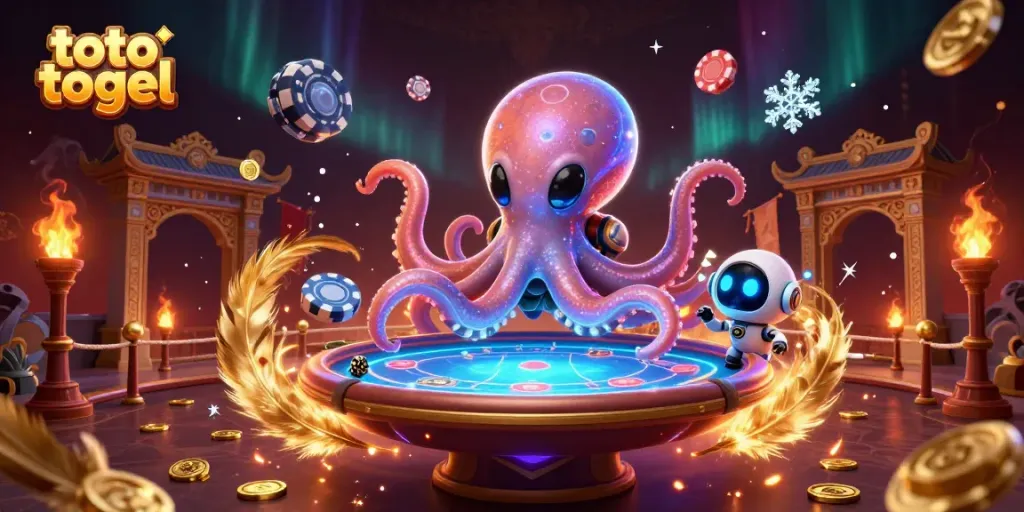 Experience the thrill of toto togel with an alien octopus at a holographic poker table.