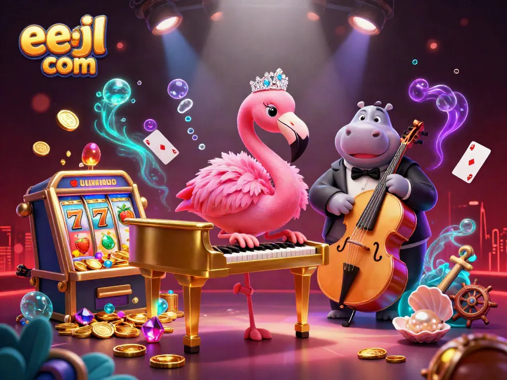 Experience the vibrant excitement at eejl com with a lively 3D casino illustration featuring colorful game elements.