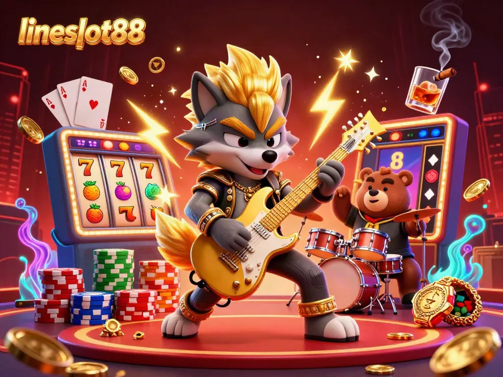 Experience thrilling gameplay with lineslot88 featuring a rock star wolf and drummer bear on stage.