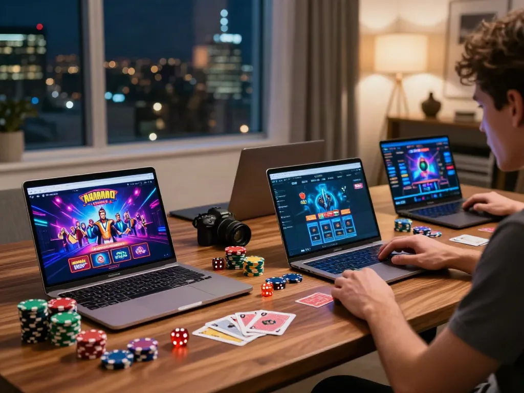 Player enjoying sapporo88 online gaming with colorful graphics and gaming paraphernalia.